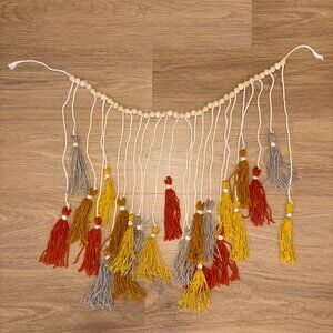 Bohemian yellow & orange long yarn tassels with wooden beads hanging art